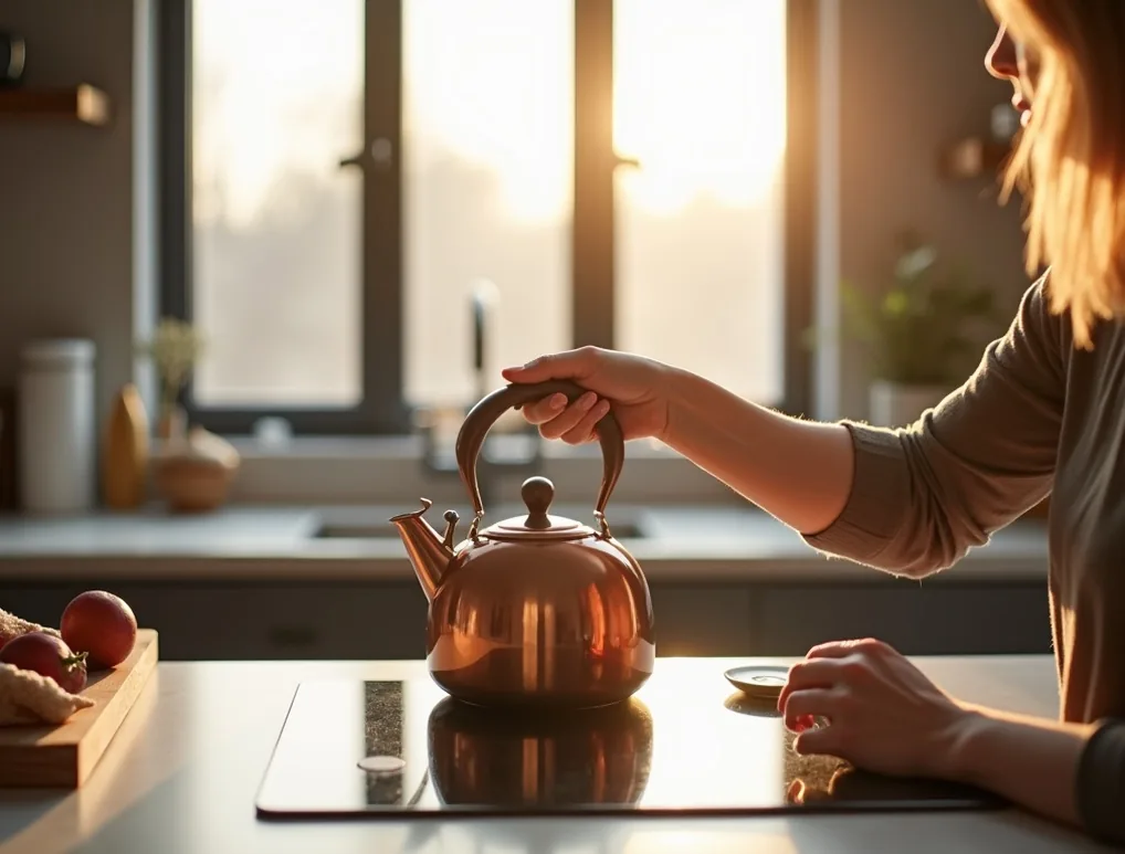 Copper kettle whistling on an induction stove in a bright modern loft kitchen