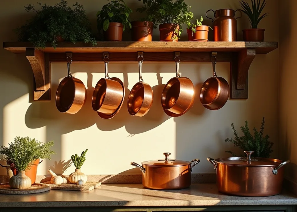 Copper cookware collection hanging on a rustic wall rack in a Tuscan kitchen