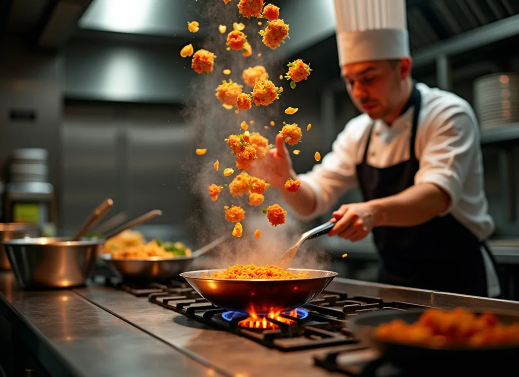 Cook tossing ingredients in a copper sautoir during restaurant service