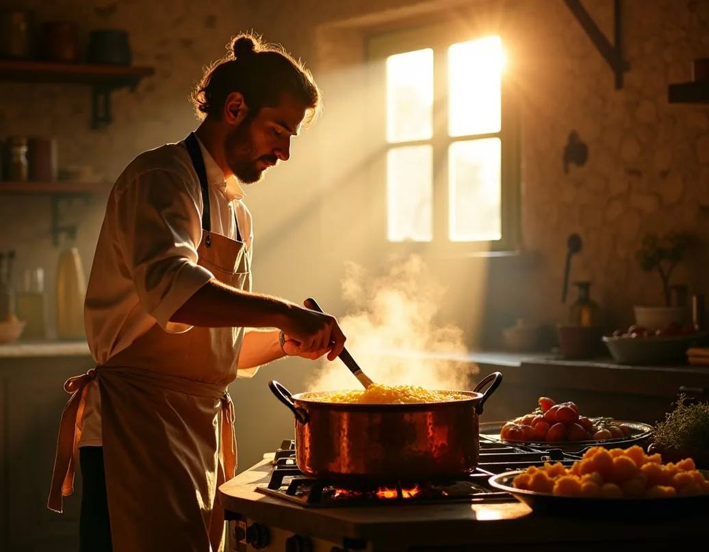 Chef in a linen apron stirring polenta in a rustic Italian kitchen at golden hour