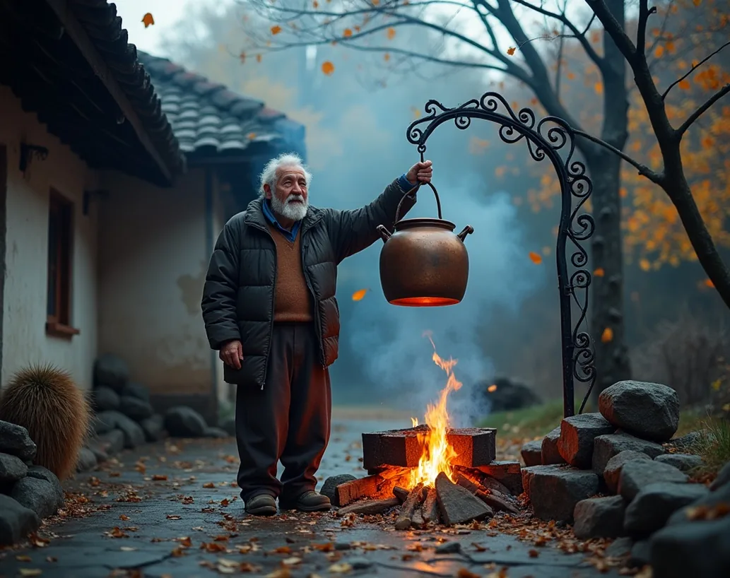 Elderly man hanging a copper polenta pot in a mountain courtyard in autumn