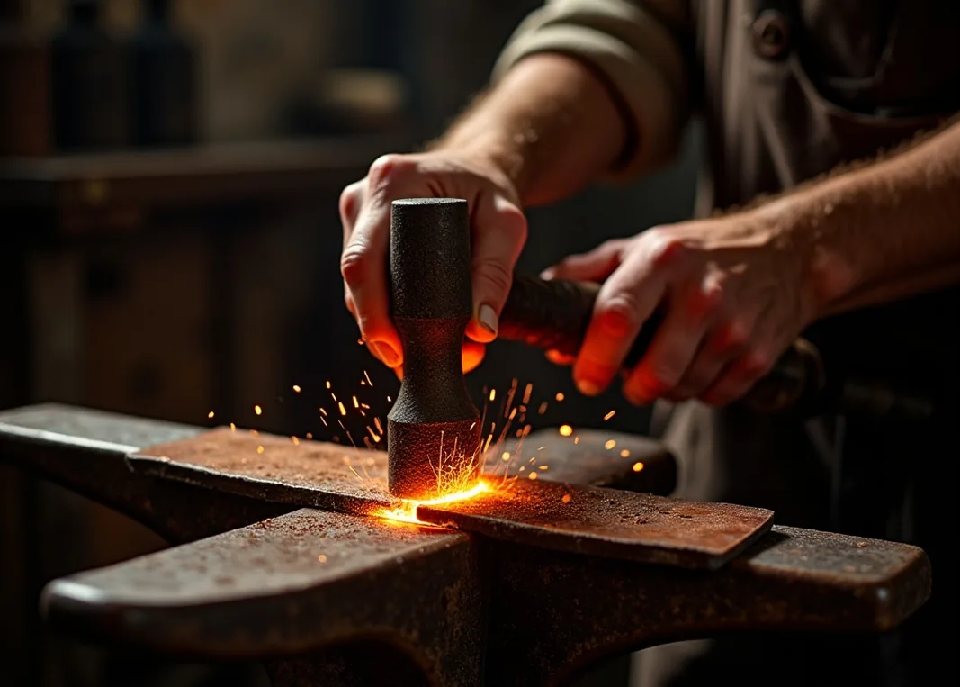 Artisan hands hammering a sheet of copper on an anvil in a dim workshop