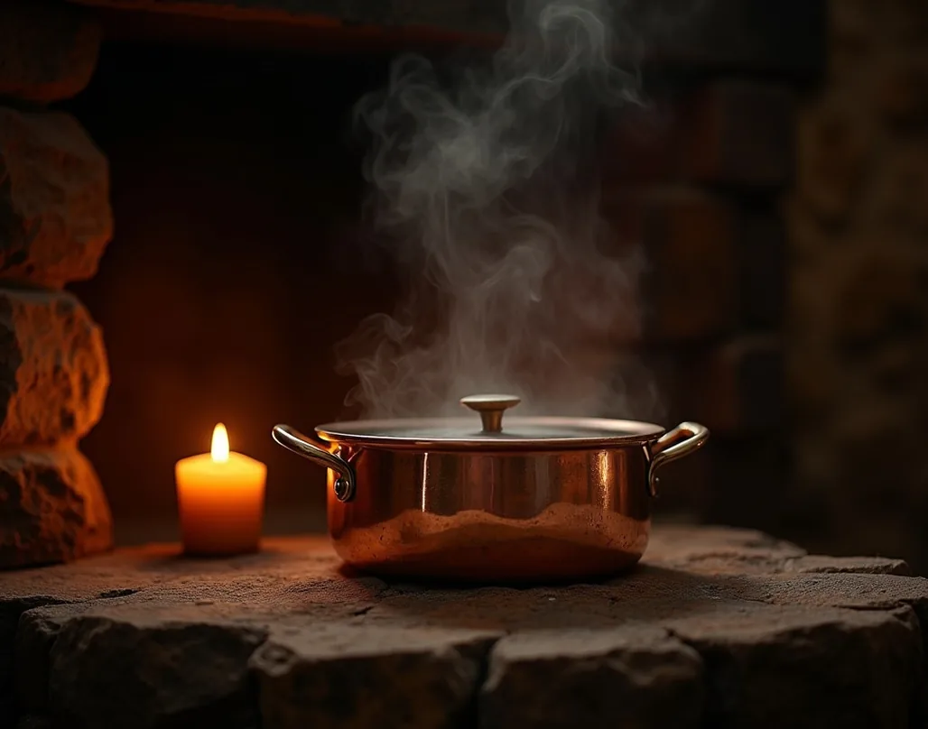 Copper casserole simmering on a rustic stone hearth at dusk