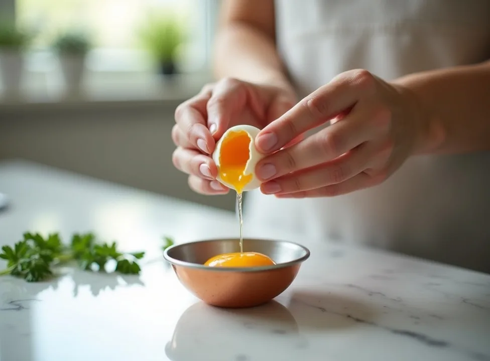 Hands cracking an egg into a small copper egg pan on a marble counter