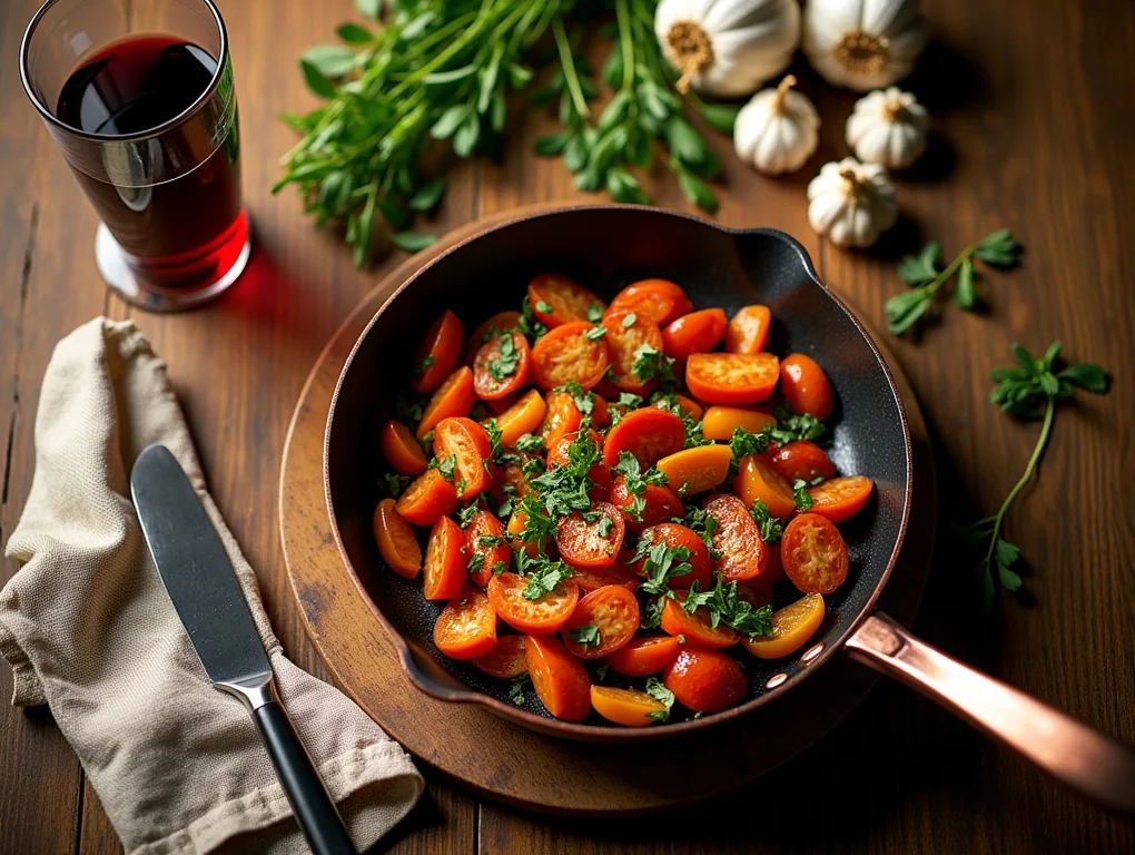 Overhead view of a copper saute pan full of sizzling vegetables on a farmhouse table