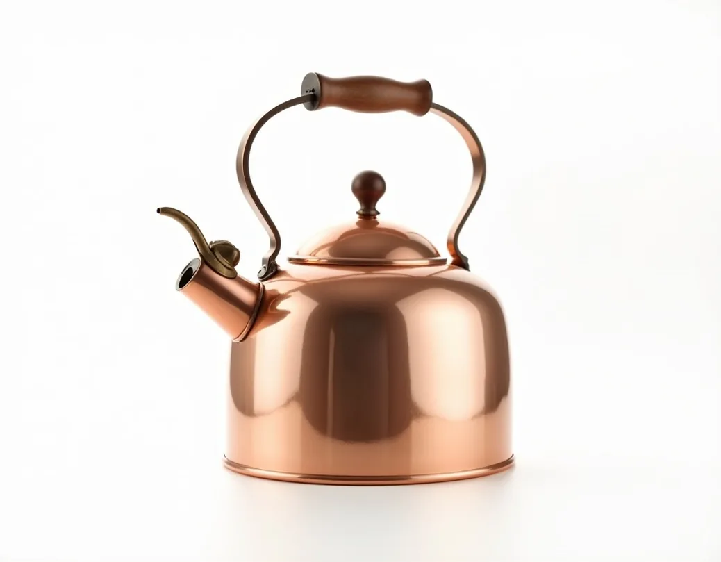 Mirror-polished copper kettle with walnut wood handle and whistle spout